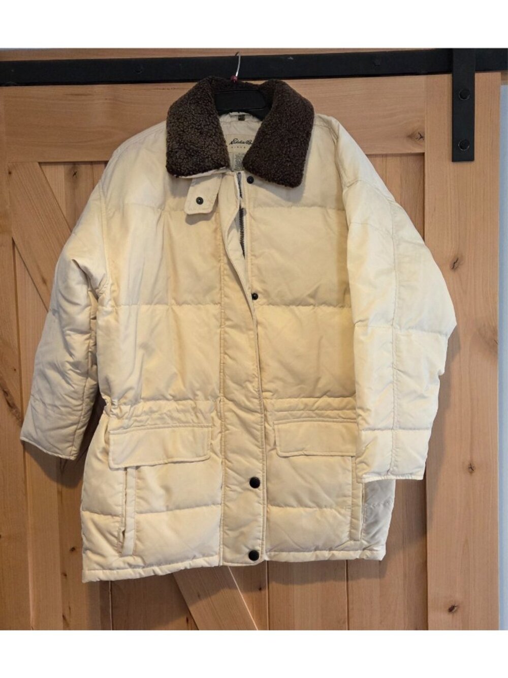 Eddie Bauer Down Parka Womens Sz M Cream Goose Down Mouton Wool Trim Jacket 7717